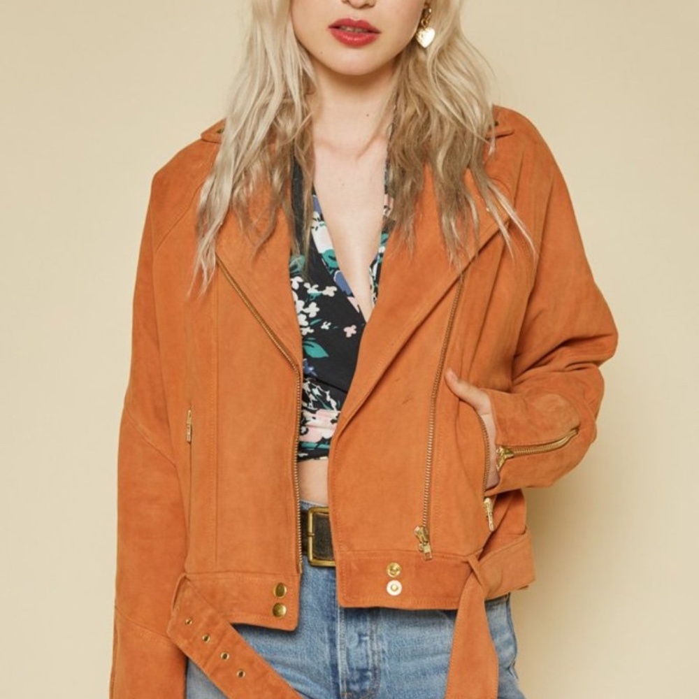 Free People Drapey Suede Moto Jacket - orange- NWOT, size small